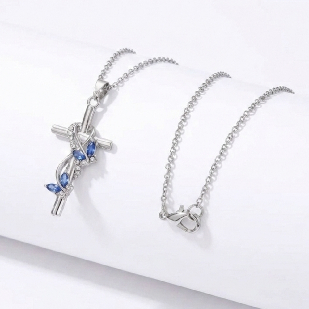 🆕️ Silver and Blue Cross Necklace with Leaf Accents NWOT